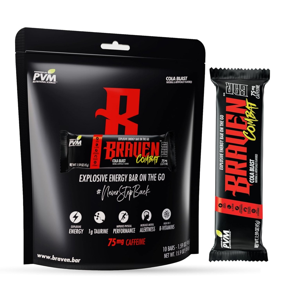 Braven Combat Cola Blast Energy Bars med koffein (1.59 oz, pakke med 10) – On-The-Go Energi Bars med 75 mg koffein – Glutenfri energi Snacks – Alternativ til energi Chews med kaffe