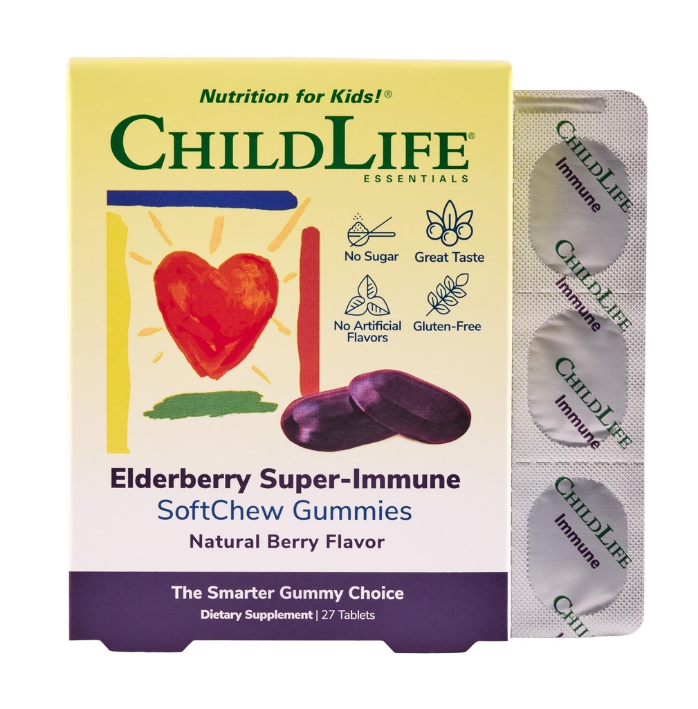 CHILDLIFE ESSENTIALS Elderberry Super-Immune SoftChew Gummies for barn - Immun støtte med vitamin C & vitamin D3, Elderberry Immunsupplement for babyer, tilhengere og barn - Berry, 27 Softchews