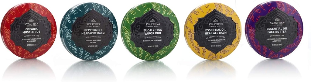 SVASTHYA BOD & MIND Eterisk olje Balms Multi Pack Gavesett - Inkluderer Muskel Rub, hodepine Balm, Vapor Rub, Hele alle Balm og ansiktssmør - laget i USA, 1 ea -5 Pack