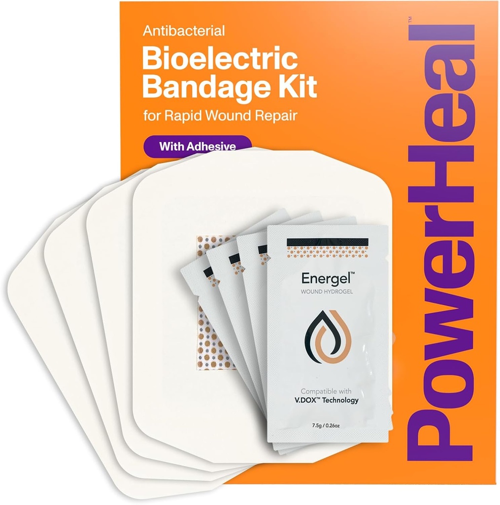 Powerheal Bioelectric Bandage Kit for sårpleie og hurtig healing - 3-lags w/Bioelectric Pad, Absorbent Pad, adhesiv + sår Hydrogel - for kutt, sliper, blender, Burns - 4-pakke, 4\" x 4 \"