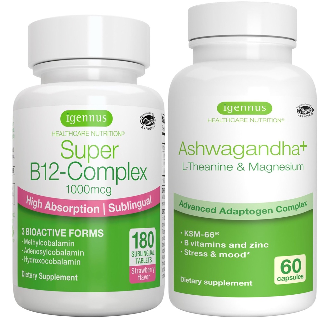 Super B12-Complex 1000mcg + Avansert Ashwagandha KSM-66, L-Theanine & Magnesium Bundle, høy absorpsjon sublingual vitamin B12 + Multi Action Adaptogen Complex, av Igennus