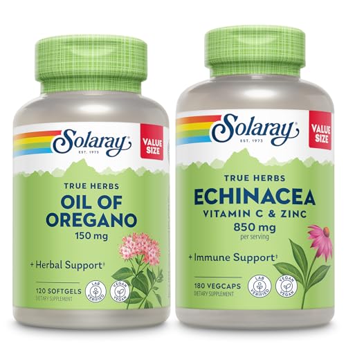 SOLARAY Oil av Oregano Softgels og Echinacea, VIT C & Zink Immune Support Supplement - Oregano Olje og Echinacea Kapsler m / Vitamin C 500mg Plus Bioflavonoider, Vegan, 60-dagers garanti, 120ct / 180ct