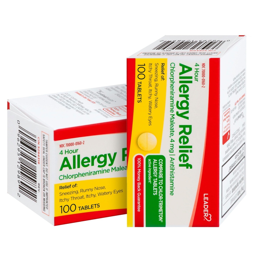 Leder 4 timer Allergi relief, klorfeniramin maleat tabletter, antihistaminer, 4 mg, 100 greve, pakke med 2