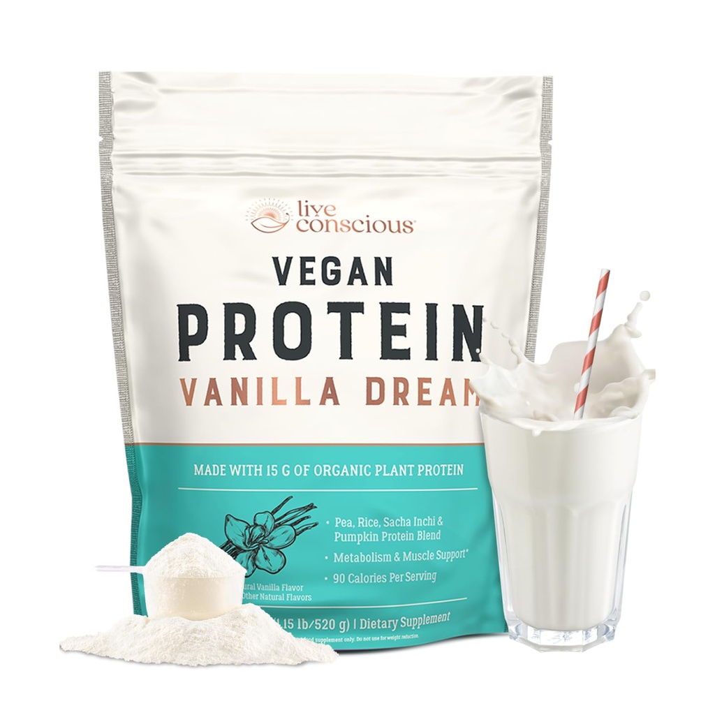 Levende bevisst Vegan Pea Protein Powder - Vanilla Dream Flavor | Plantbasert Vegansk Protein Blend - Pea, Brun Ris, Pumpkin, Sacha Inchi | 20 Serveringer 18 oz