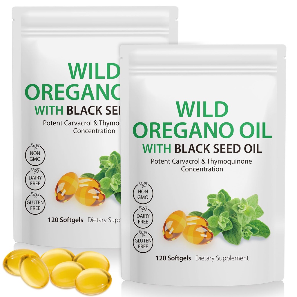 Olje av Oregano Softgels 6000mg Per servering 240  Count 2 i 1 Formulert med svart frøolje 200mg, 4X Styrke Carvacrol & Thymoquinon | Plante Basert, Ikke-GMO & Immune støtte