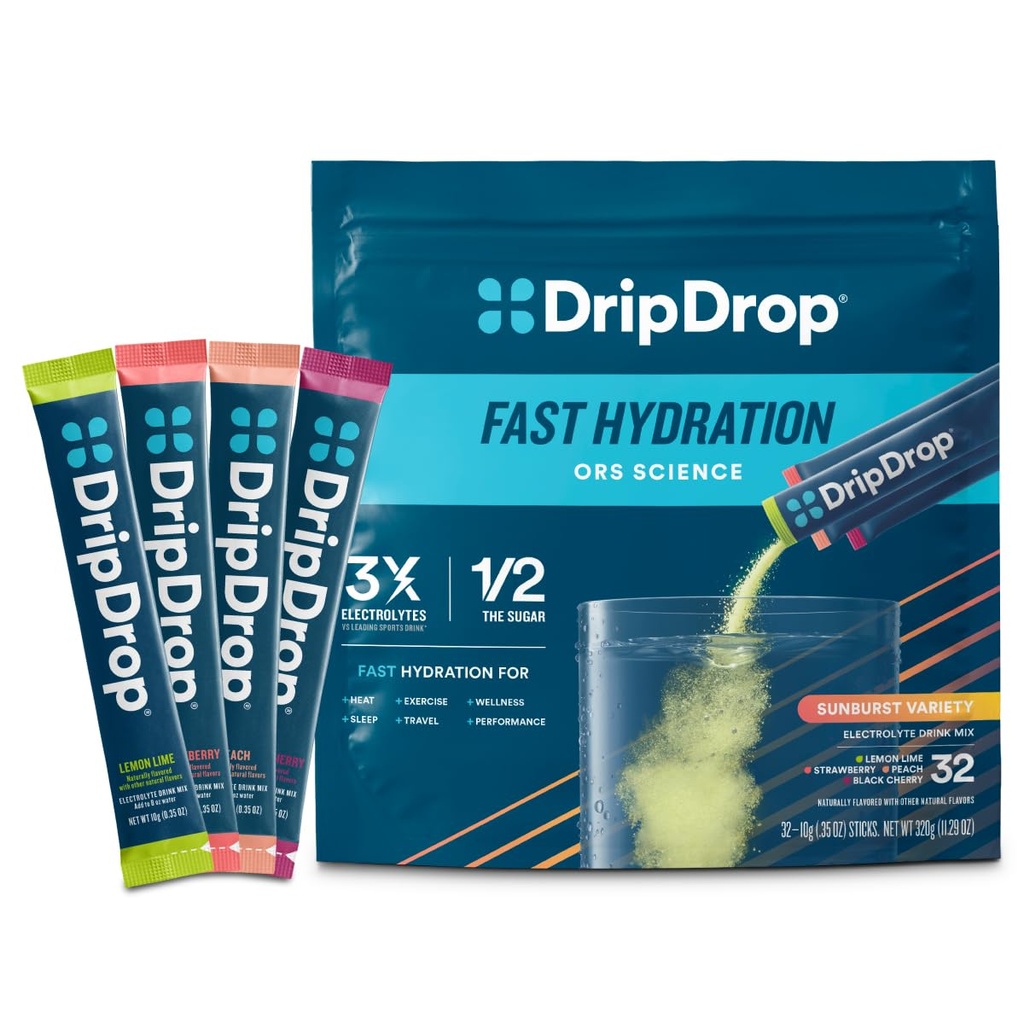 DripDrop Hydration Packets - Sunburst Variety Pack - Enkelt servere Electrolytes pulver drikk blanding - sitron lime, jordbær, fersken, svart Cherry - ikke-GMO, Glutenfri, Vegansk - 32 Sticks