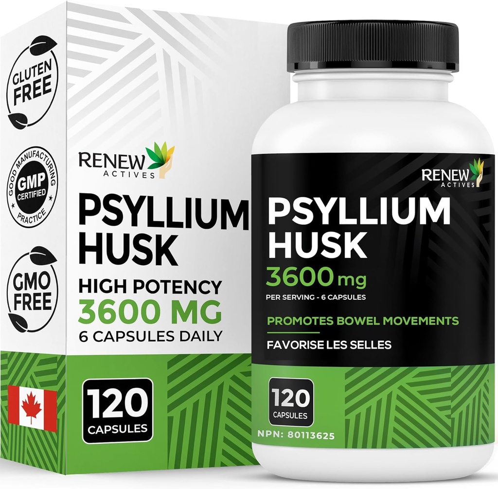 Renovere Actives Psyllium Husk 1200MG per 2 Kapsler – bulkforming Laxativ & løselig fiber for digestiv helse, regelmessighet og voksen velvære – ren ingredienser – laget i Canada – 120 Kapsler
