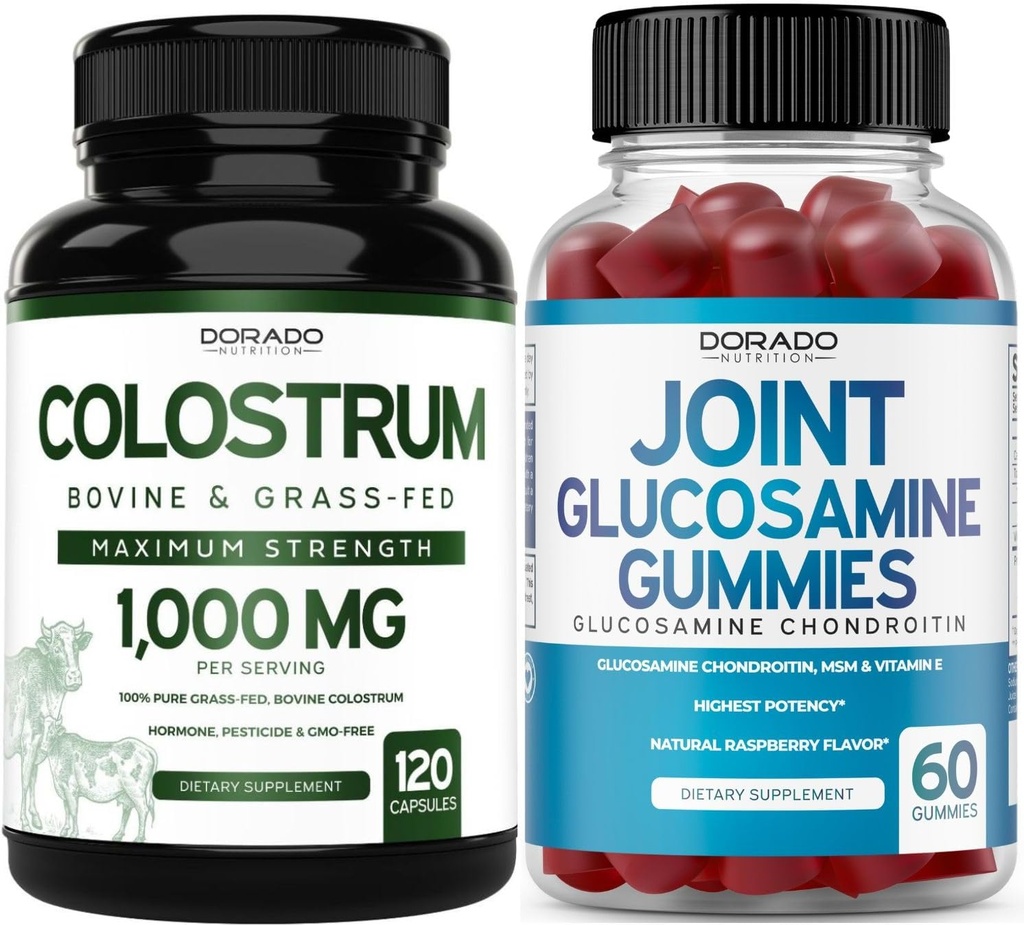 Colostrum (120 greve) Bovine Colostrum kapsler for voksne og glukosamine Chondroitin (60 gummier) felles kosttilskudd for menn og kvinner med Delicious Raspberry Flavor - Vegansk trygt og laget i USA