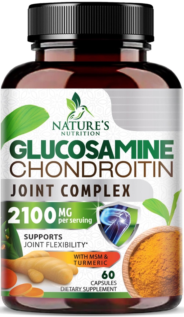 Glucosamine Chondroitin MSM 2100mg kompleks - felles støtte supplement for felles mobilitet og komfort for menn og kvinner med gurkemeie og boswellia, trippel styrke glucosamin kosttilskudd - 60 kapsler
