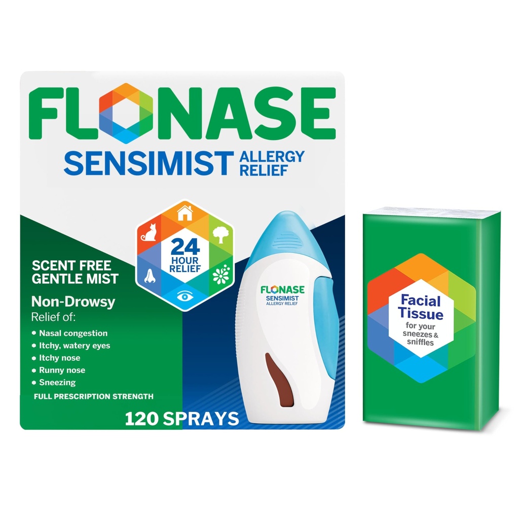 Flonase Sensimist Allergi relief Nasal Spray - Ikke-Drowsy 24HR lang varetid Allergi Relief med Fine, Scent-free Mist - 120 Sprays Plus bonuspakke med tubes