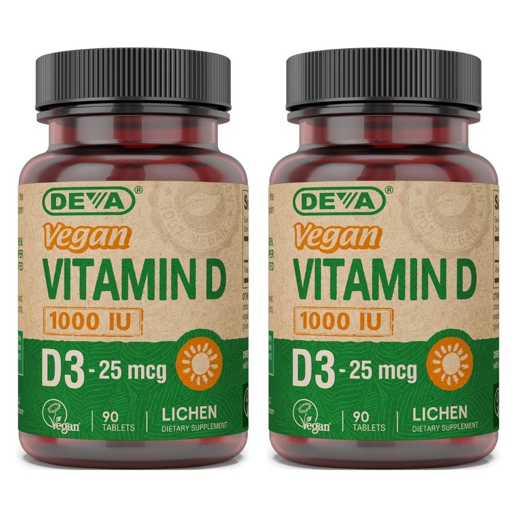 DeVA Vegansk vitamin D3 Supplement - En gang per dag Tablett med 1000 IU - Kolekalciferol - Lichen Plante Avledet - 90 små tabletter, 2-Pack