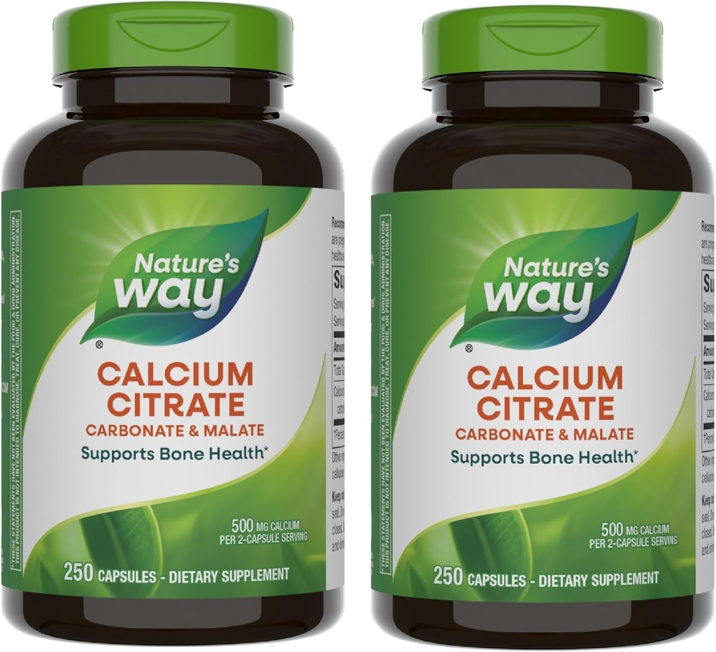 Naturens måte kalsiumcitrat, 500 mg kalsium per 2-kapsle servering, for bein helse og muskel funksjon*, blanding av citrate, karbonat og malat, glutenfri, 250 kapsler (pakke May Vary) - 2 pakke