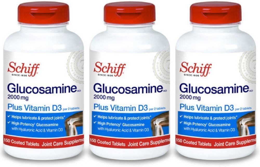 Schiff Glukosamin 2000mg med vitamin D3 og hyaluronsyre, 150 tabletter - Joint Supplement (Pack of 3)