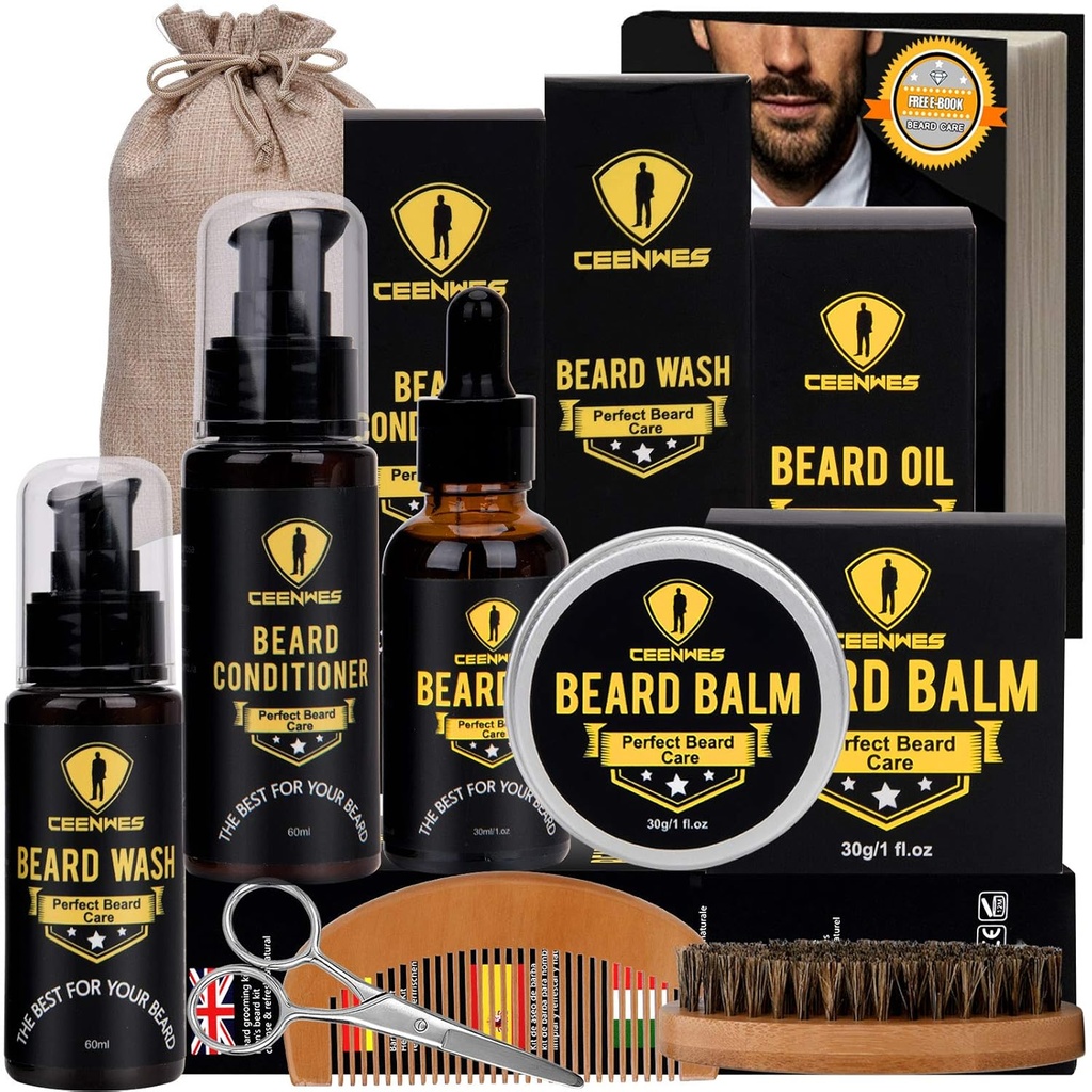 Ceenwes oppgradert beard Grooming Kit - balsam, olje, børste, Comb, Balm, Scissors, Oppbevaringspose for Beard og Mustache Trimming, perfekt menns gave