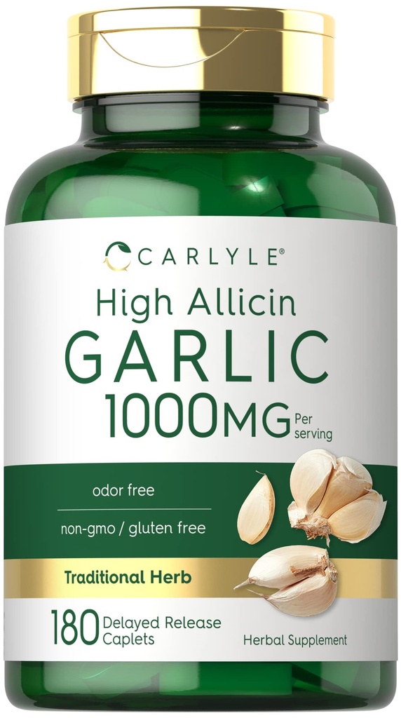 Carlyle hvitløk Supplement 1000mg 180 Caplets | Odorless piller | høy allicin ekstrakt | vegetarisk, ikke-GMO & Glutenfri