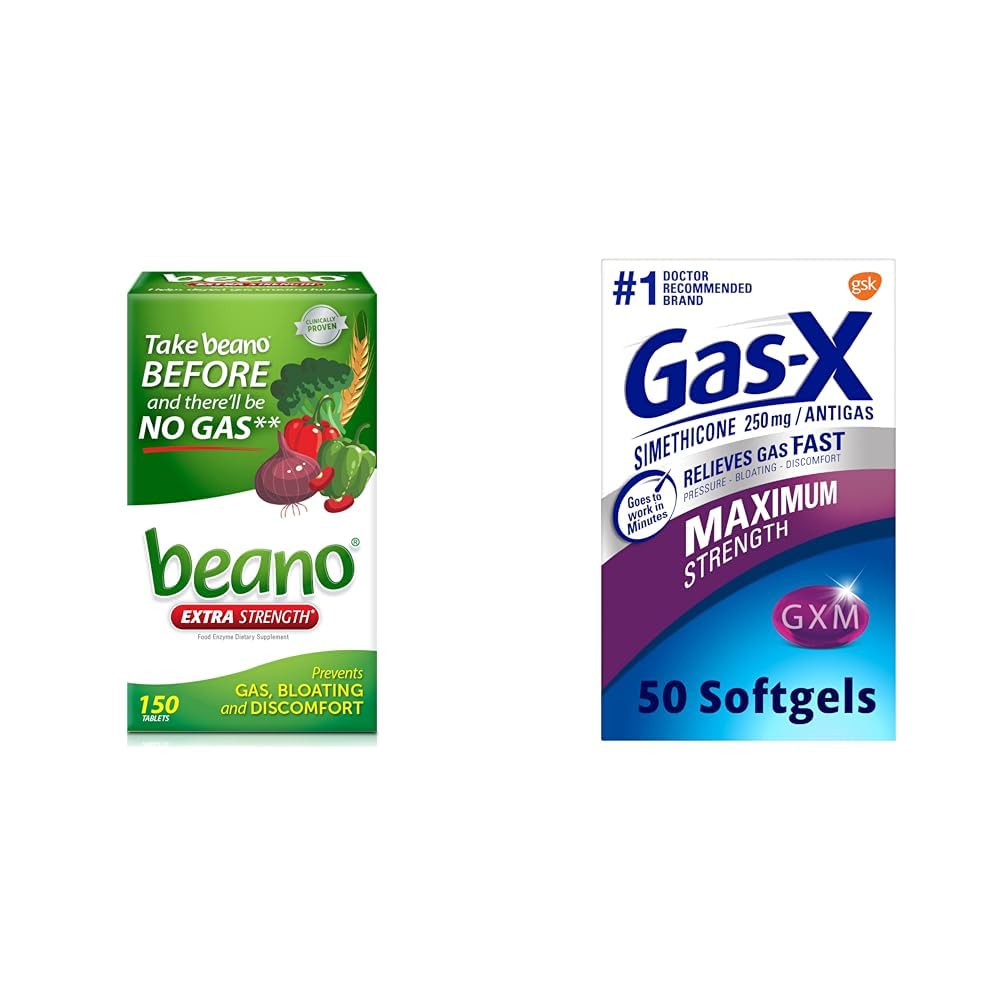 Beano Food Enzyme Diett Supplement | Hjelp Digest Gass-Causing Foods ® 150 Tabletter & Gas-X Maksimal styrke Gass Relief Softgels med simetikon 250 mg for Bloating Relief - 50 Teller