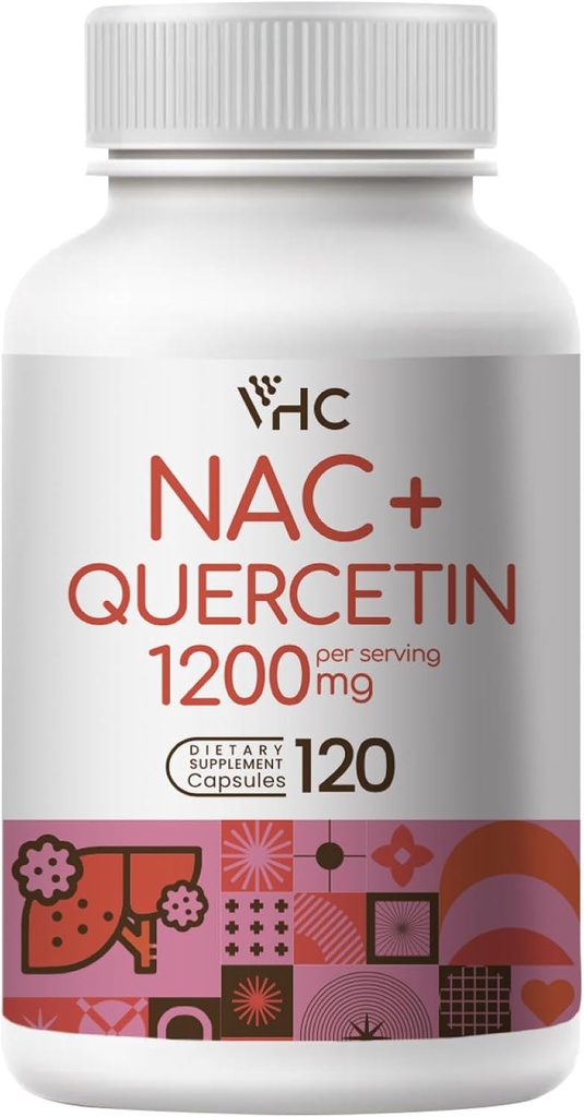 VHC NAC Supplement,Acetyl L-Carnitine1200 mg Plus Quercetin, Optimum Dos (1200 mg + 100 mg), 2 i 1 Dual Action Formula N-Acetyl-L-Cysteine med Quercetin, for å puste, lever, immun, laget i USA
