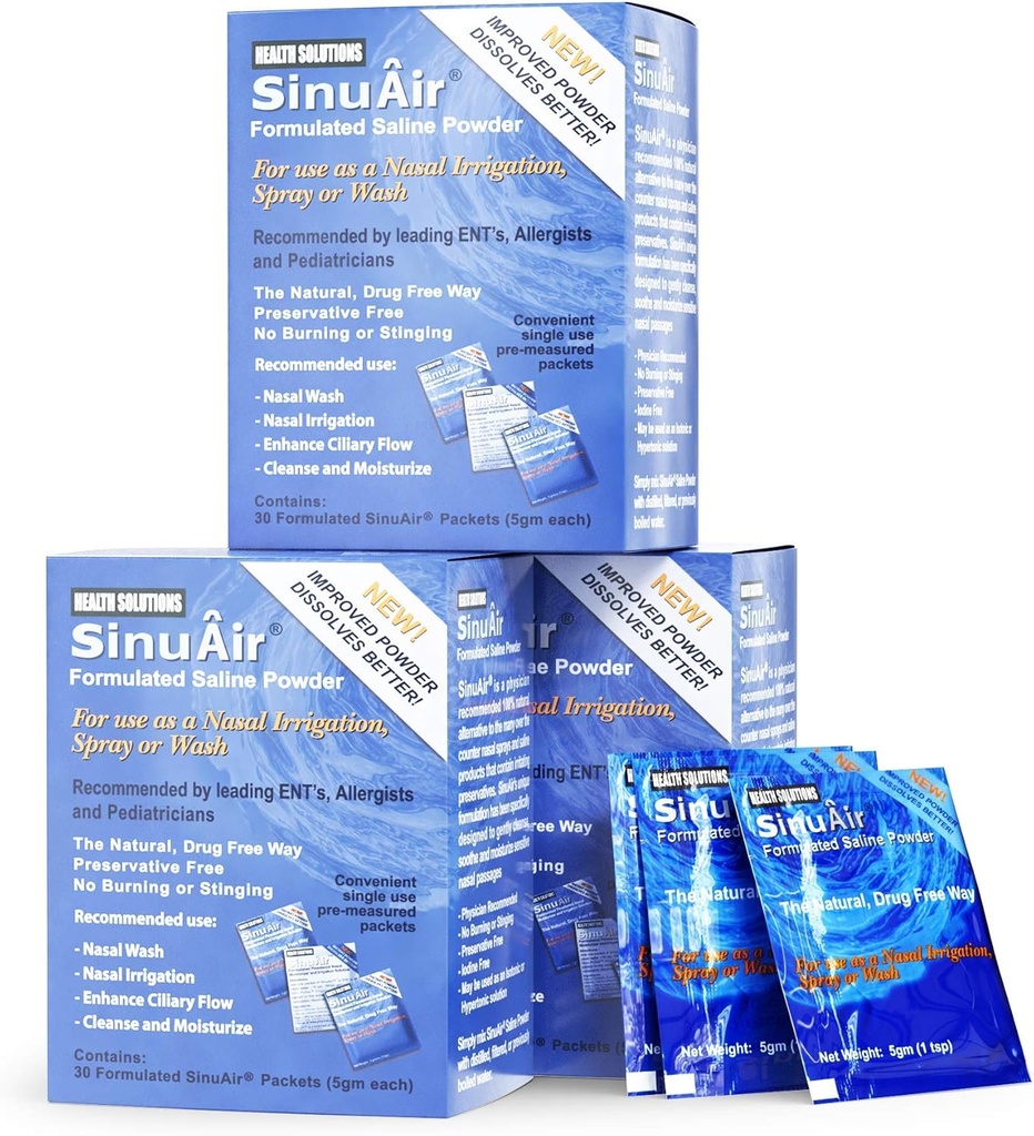 SinuAir saltpakker for Sinus rensing - Premixed Salt Solution pulver for sinuPulse Elite System, Neti Pot, Nese Vaskeflaske og Nasal Irrigation, 90 Pakker