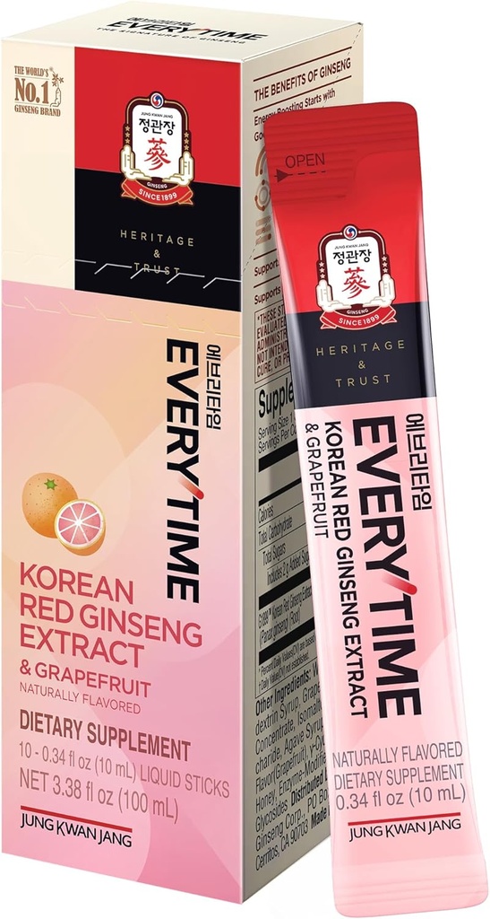 JUNG KWAN JANG Hver gang koreansk rød Ginseng ekstrahere 1000mg & grapefrukt - Vegansk Ginseng Root Energy Drikke flytende Stick Kosttilskudd - Bygger Stamina & Immunitet, Ingen koffein (10 Sticks, 0,34 fl oz)