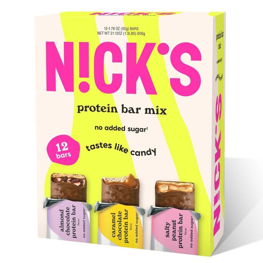 Nick's Protein Bars Sjokolade Variety Pack høy protein, lav kalorier, lav karbohydrat keto vennlige snacks Ingen lagt til sukker, saltig peanøtt, sjokolade karamell og almond sjokolade (12 pakke)