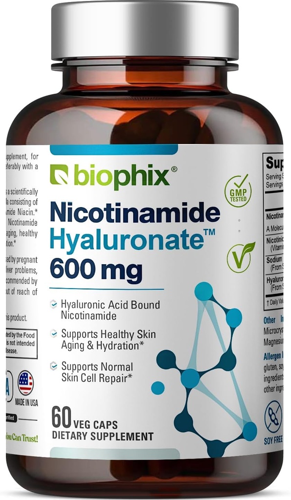 Nikotinamid Hyaluronat 600 mg 60 Vcaps - Naturlig Flush-fri | Glutenfri Nikotinic Amid Niacin | Hyaluronsyre | støtter hudhelse | Sunn Cell Repair Support