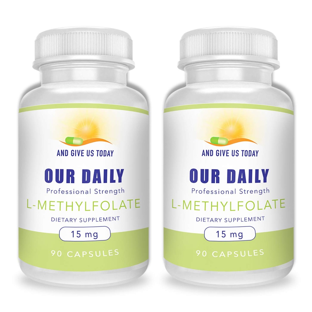 Og gi oss i dag vår DAILY L-Metylfolat 15 mg (2 flasker) - 180 kapsler - Profesjonell styrke aktiv Metyl Folat - 5-MTHF Supplement - Ikke GMO, Glutenfri, Ingen Fyllere