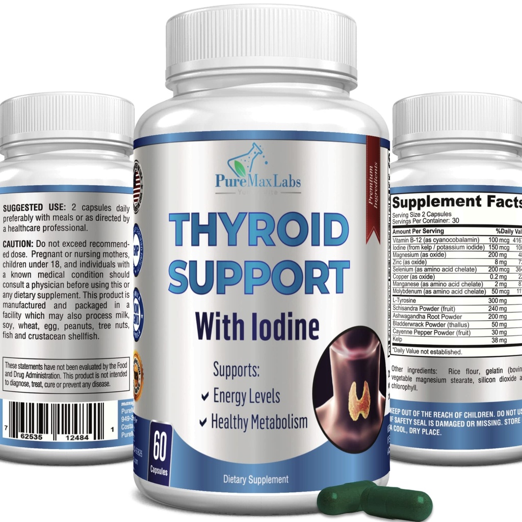 Thyroid støtte med jodin - metabolisme booster, energi booster, øke fokus - Premium ikke-GMO Thyroid Supplement 60 kapsler