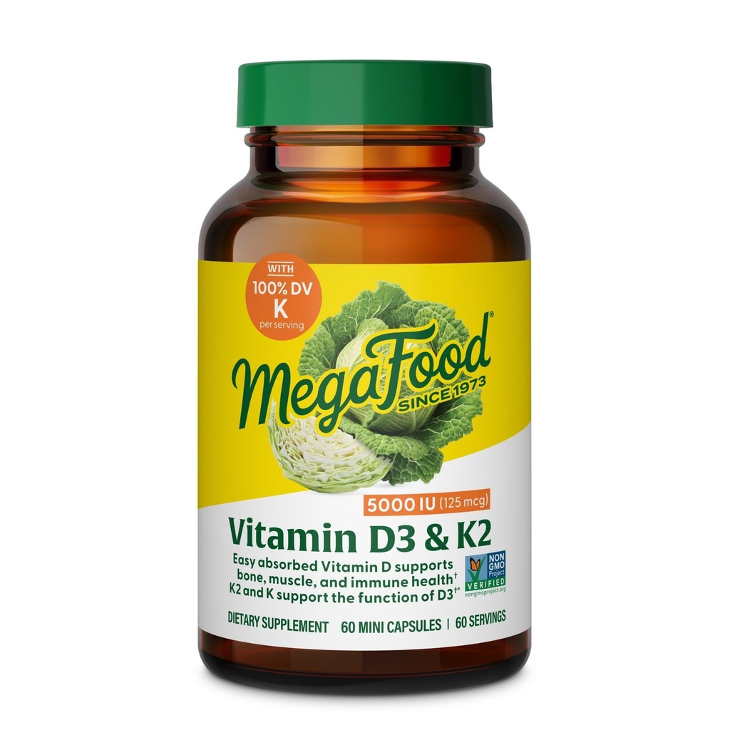 MegaFood Vitamin D3 5000 IE (125 mikrog) - Vegetariske kosttilskudd med vitamin D3 K2 - Støtter bein, tenner, muskler og immunhelse - sertifiserte ikke-GMO - 60 Mini Capsules, 60 Serveringer