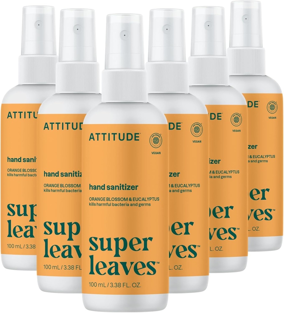ATTITUDE hånd sanitator spray, EWG verifisert, dreper Germs & bakterier, Vegansk og plantebasert, trygt for voksne og barn, Orange Blossom & Eucalyptus Scent, 3,38 Fl Oz (pakke av 6) (sprayflaske)