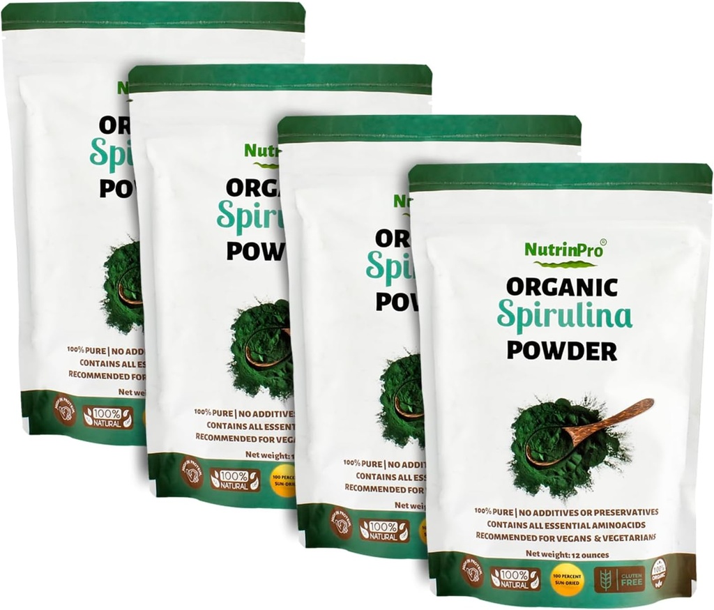 Fire pakke Spirulina pulver for juice og glatt blanding; 100% naturlig, USDA organisk og glutenfri, med høyt protein, vitaminer, antioksidanter og mineraler (12 oljer) (4)