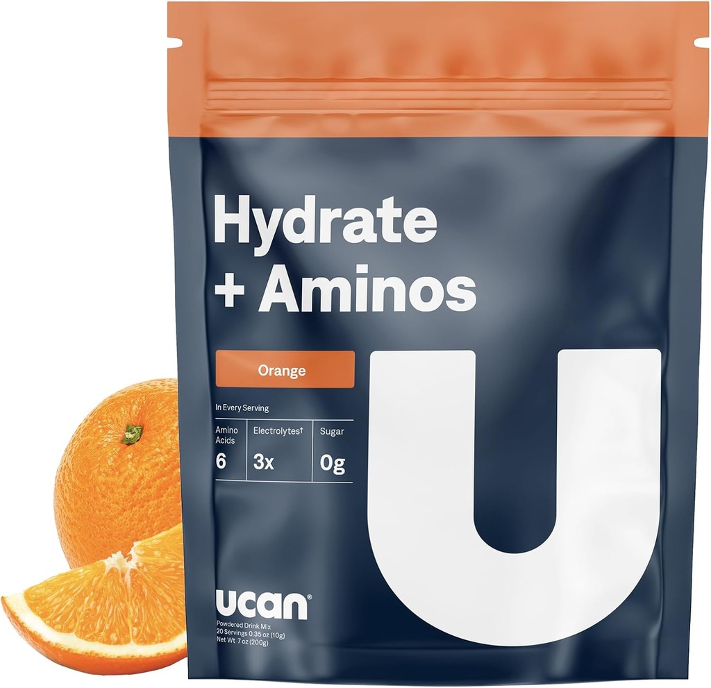 UCAN Hydrate + Aminos, oransje 20 serveringspose, keto, sukkerfri elektrolytt + muskelgjenvinning, essensielle elektrolytter + EAAS & BCAA, ikke-GMO, Vegansk, for løpere, Gym-Goers, ytelsesatleter