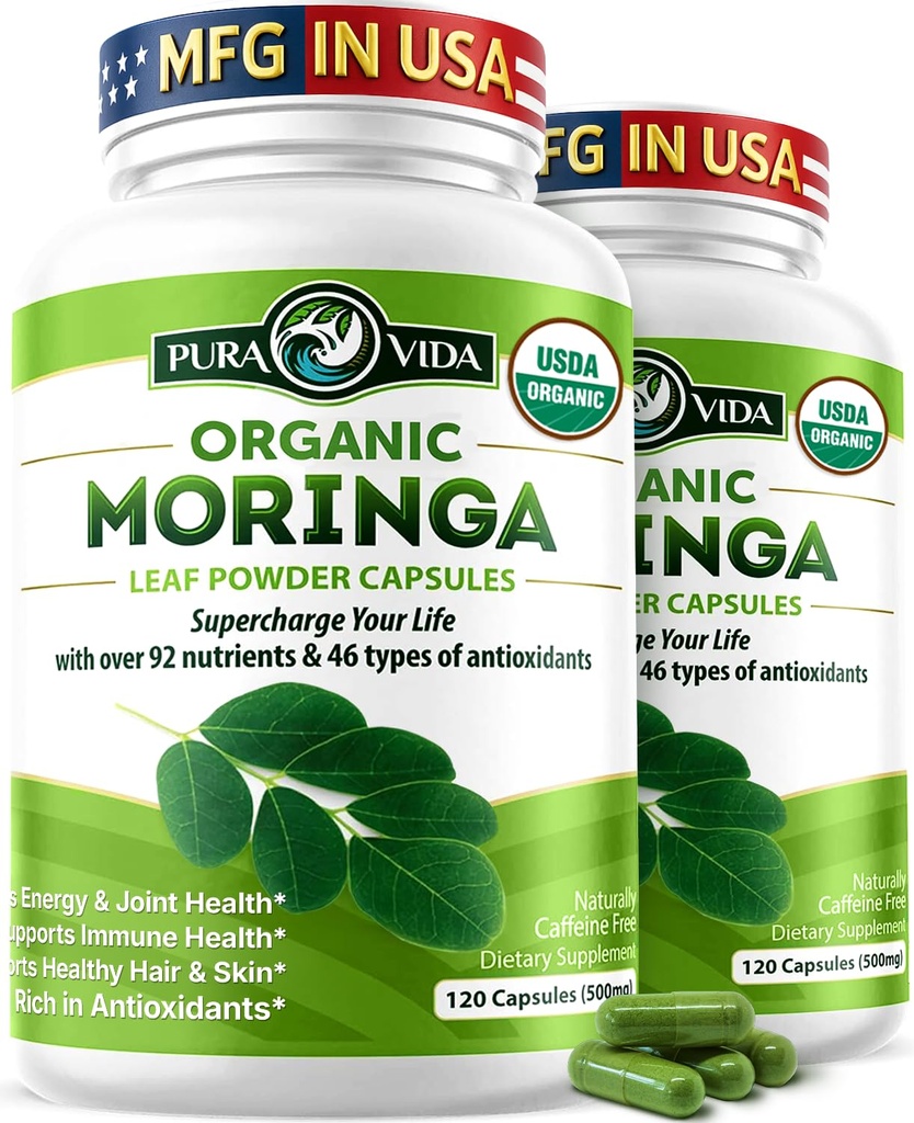 PURA VIDA MORINGA Kapsler Single Origin Organic Moringa Powder. Moringa Leaf. Energi, metabolisme og immunstøtte. 120ct. 500 mg Caps. (Pack of 2)