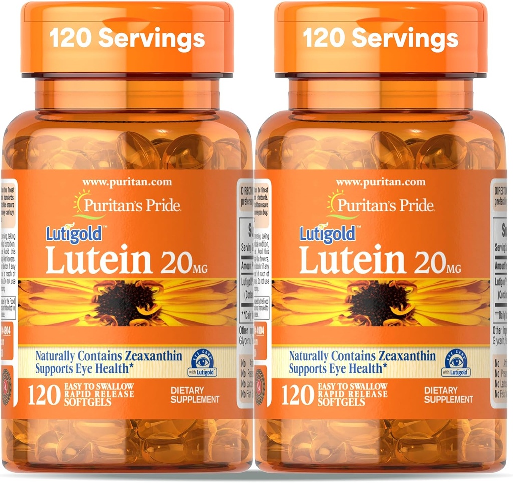 Puritan Pride Premium Lutigold Lutein Carotenoid 20mg med Zeaxanthin for menn og kvinner, kosttilskudd for øye helse støtte, 8 måneders forsyning, 120 lett å svelge Softgels, 2 pakke