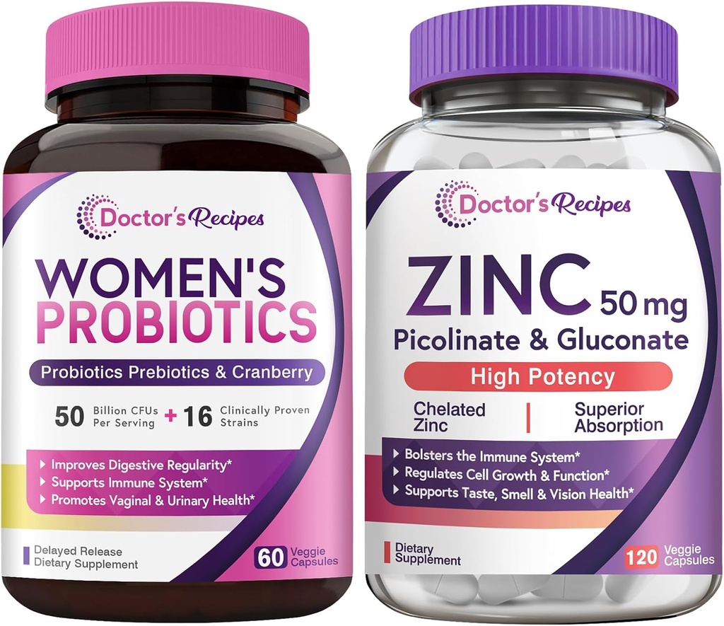 Doktorens oppskrifter Kvinners probiotiske og sink bundle, digestiv, Vaginal og urin helse, naturlig immunforsvar, forsinket frigjøring probiotiske kapsler 60ct og sink kapsler 120 ct
