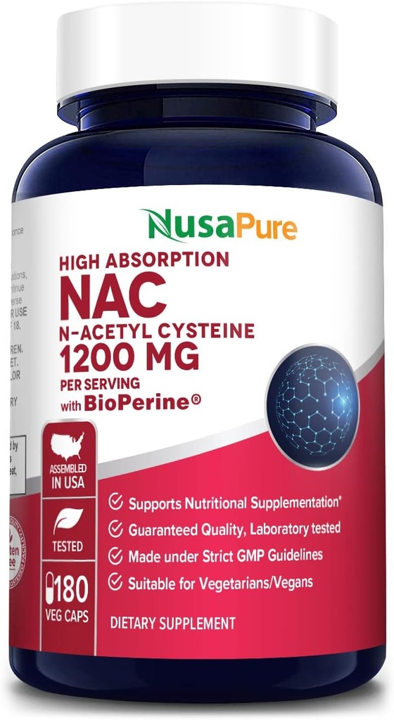 NusaPure N-Acetyl Cysteine (NAC) 1200mg 180 Veggie Caps (vegetarian, ikke-GMO, Glutenfri) Bioperin