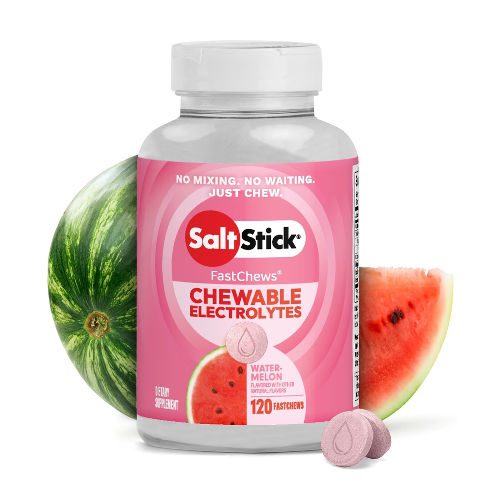 SaltSlick Electrolyte FastChews - 120 Vannmelon Chewable Electrolytes - Salt Tabletter for løping og hydrasjon, Electrolyte Chews - 120 greve