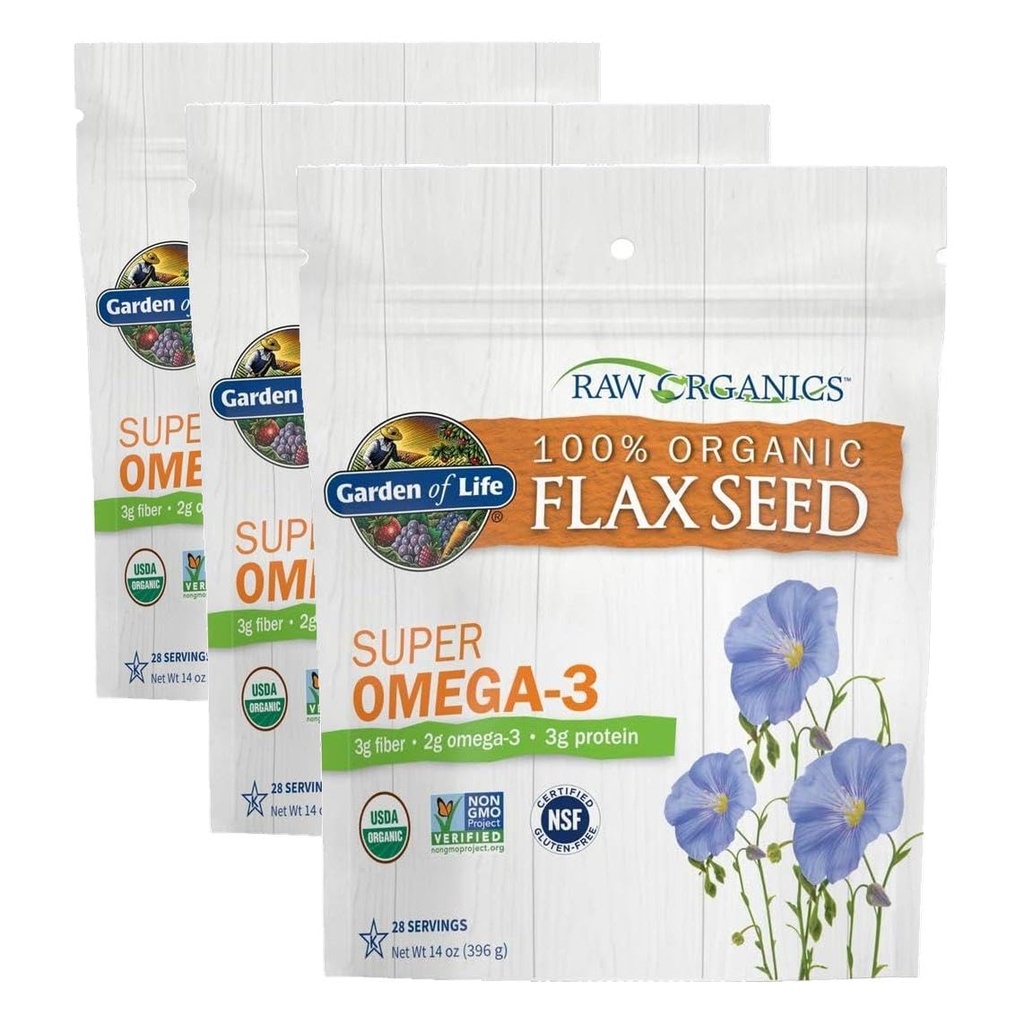 Livshage 100% organisk grunnflaksfrø, kaldfreset Premium Golden Flaksfrømåltid for kvinner og menn, 2g Omega 3, Lignaner, 3g Fiber, 3g Protein, En Ingrient, Preservativ fri, 28 Services (pakke med 3)