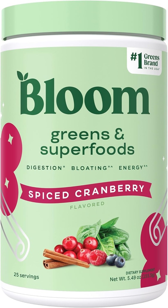 Bloom Nutrition Superfood Grønn pulver, Digestive Enzymer med probiotika og prebiotika, Gut helse, Bloating Relief for kvinner, Klorella, Grønn Juice Blande med Beet Root, 25 SVG, Spiced Cranberry