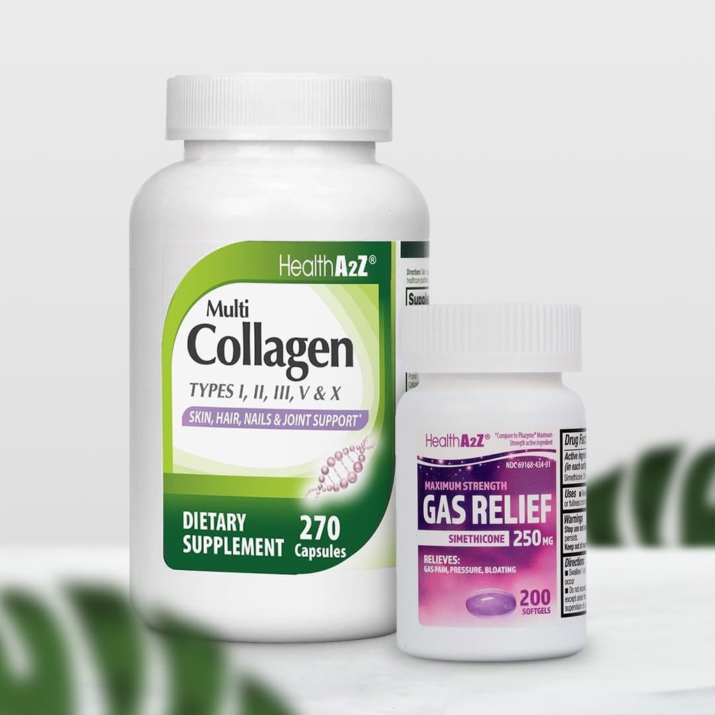 HealthA2Z® Super Sparings Bundle Deal - Gass Relief Simetikon 250mg (200 Softgels) & Multi Collage Pills, 1735 mg (270 Collage Capsules)