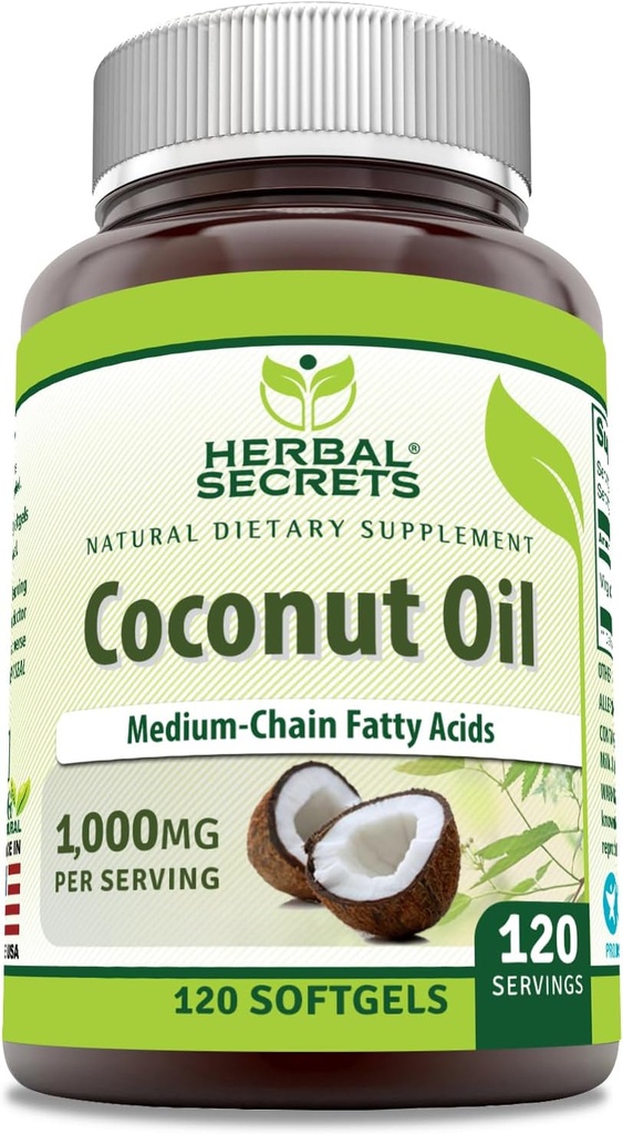 Herbal hemmeligheter kokosolje 1000 Mg 120 Softgels Supplement | Ikke-GMO | Glutenfri | laget i USA