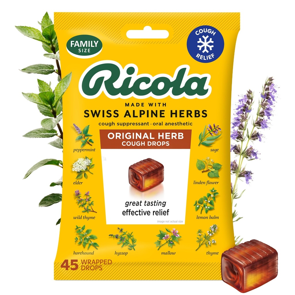 Ricola Original Herb Cough Drops, 45 greve, Cough Suppressant & Throat lindring dråper med naturlig kildet Menthol, behagelig Herbal smak for grender & Throat Irritation Symptom Relief