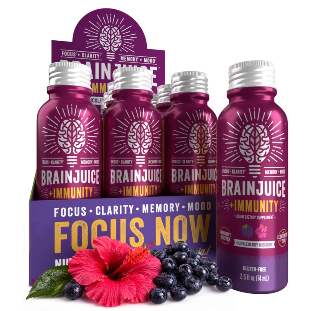 BrainJuice Hjerne og immunstøtte Shot, Glutenfri Supplement Shots for energi, Fokus, Immunitet med vitamin D, C B, Alpha GPC & Organic Ginger Root, Huckleberry Hibiscus, 2,5 fl oz, 12 Pack