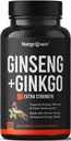 Natgrown Panax Ginseng & Ginkgo Biloba Supplement - Rød koreansk Ginseng & Ginko Biloba Kapsler for menn og kvinner - Støtter minnefokus & hjernefunksjon - Vegan piller - 120 Count