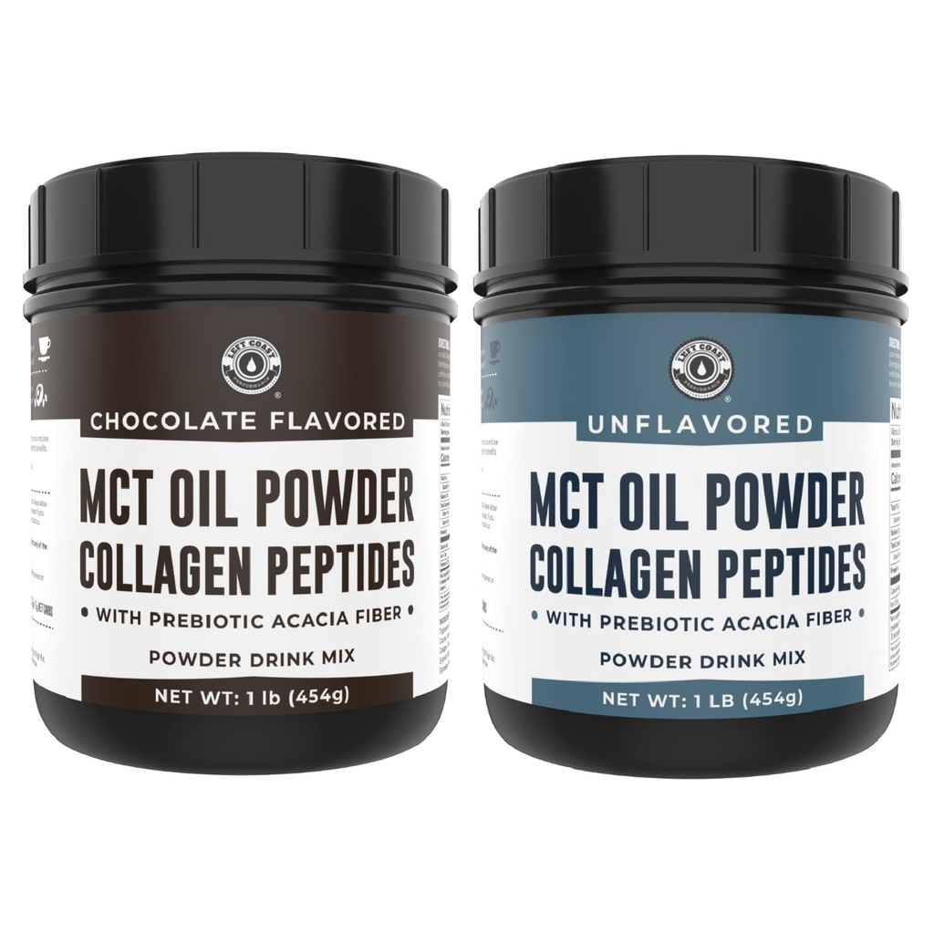 Venstre kyst ytelse sjokolade MCT olje pulver & kollagen peptider, 1lb + uflavorert MCT olje pulver & collagen peptider, 1lb