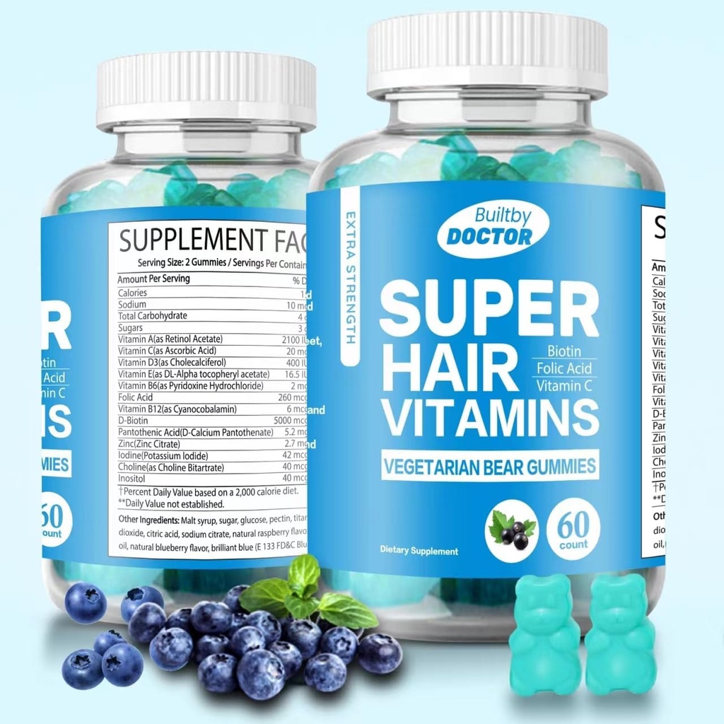 Super Biotin Gummier for hår, hud og negler - Vegan vitaminer for menn og kvinner, støtter raskere hårvekst og sterkere negler - ekstra styrke