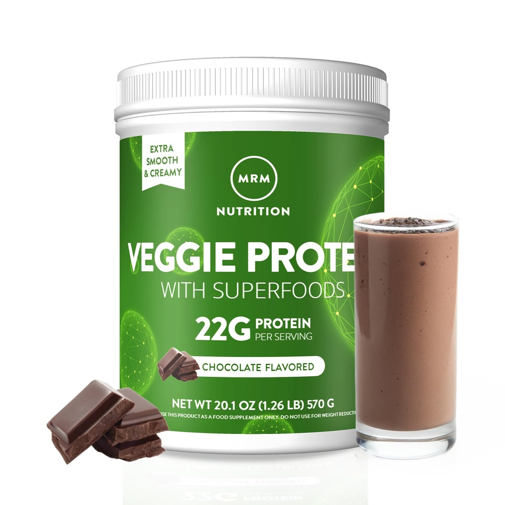MRM Ernæring Veggie Protein med Superfoods | Sjokolade Flavored | 22g Complete Protein | Over 8,8g Essentielle Aminosyrer | 13 superfoods | med Omega 3s og Omega6s | Keto vennlige | 30 Services