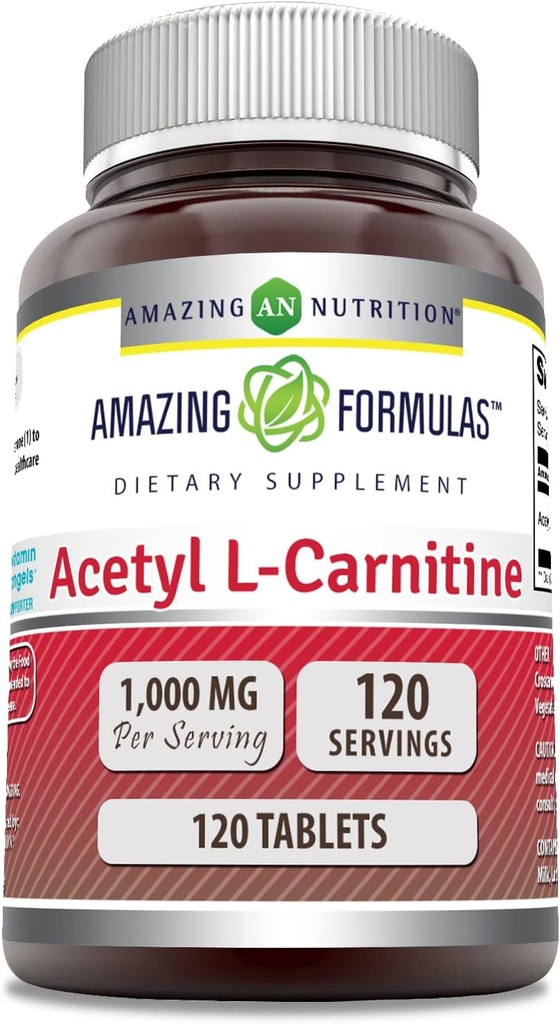 Amazing Formler Acetyl L-karnitin Supplement | 1000 Mg Per Serving | 120 Tabletter Supplement | Ikke-GMO | Glutenfri | Laget i USA