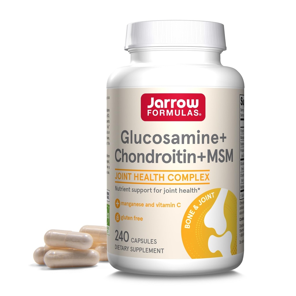 Jarrow Formler® Glukosamin + Chondroitin + MSM-kapsler, felles støttetilskudd med vitamin C og Manganesisk, 240 kapsler, 60 dagers forsyning