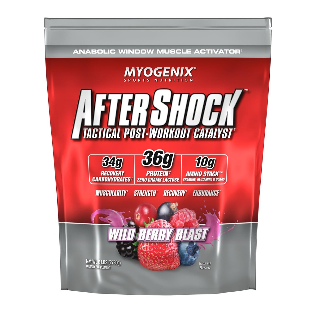 Myogenix Aftershock Post Trening — Muskelvekst Whey Protein Powder — Fart opp muskelvekst og utvinning — støtter felles helse og replikasjoner Glykogen — Wildberry Blast, 6 lbs