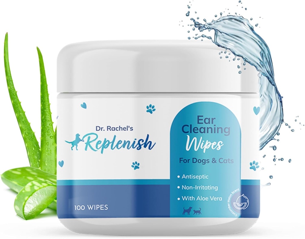 Replenish Cat og Hund Øre Rengjøring Tørker - Gentle Medisinerte Øre Tørker for hunder - Cucumber Melon Scent - Hund Øre Rengjøring og Cat Øre Tørker for rengjøring, Soothing og Deodorising Itchy Ears - 100 greve